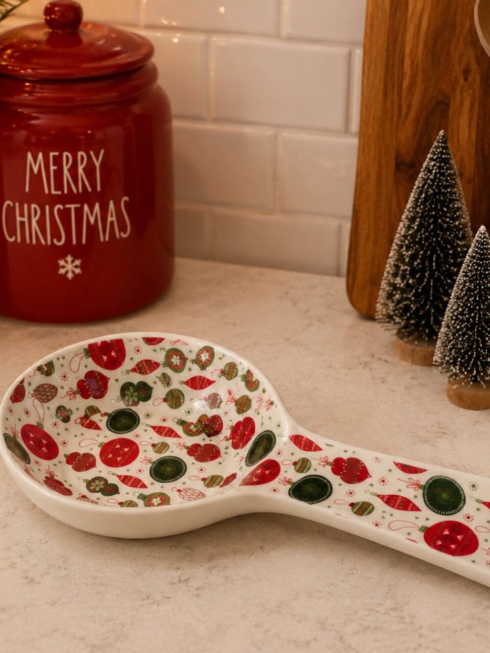 Christmas Ornament Ceramic Spoon Rest Holiday Kitchen Decor Red Green 10"